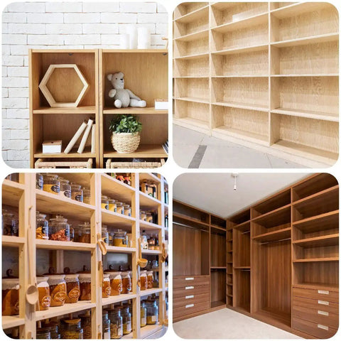Wooden shelving units showcasing various organizational styles and uses, potential applications for Hardened Steel Dowel Pins One Quarter Inch.