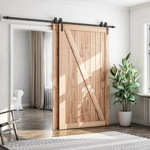 9 Feet Bypass Sliding Barn Door Hardware Kit for Double Wooden Doors with Single Track installed on wood door