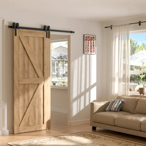 Sliding wooden barn door in living room with sunlight, adjacent to a beige sofa and large window