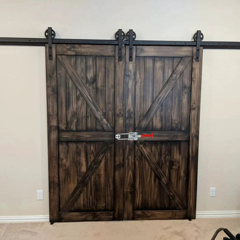 Double wooden sliding barn doors with Heavy Duty Toggle Clamp Set 2000Lbs Cam Lever Latch for secure closure
