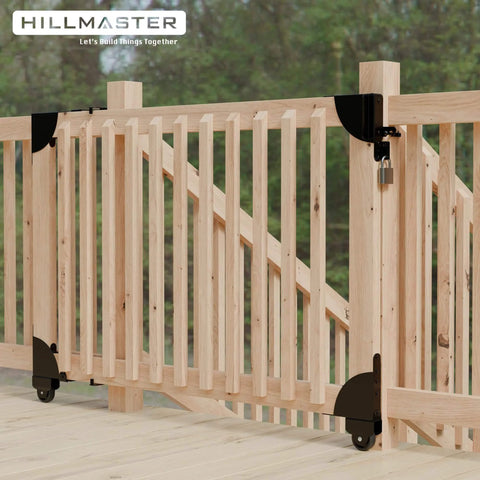 Sliding Gate Kit with Wheel Heavy Duty Fence Gate Frame Hardware on wooden deck with no sag corner brace bracket installed
