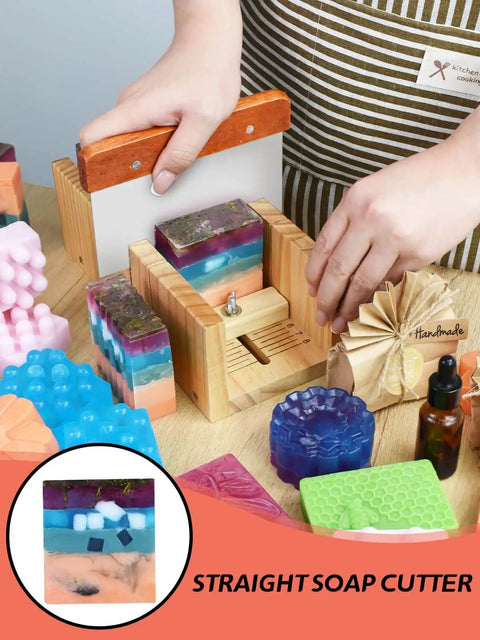 Person using adjustable wooden cutter in DIY Soap Making Kit For Adults And Kids With Rectangular Loaf Mold Adjustable Wooden Cutter Funnel Pitchers Measuring Cups Silicone Molds 100 Paper Bags And All In One Craft Set Perfect For Any Occasion Gift