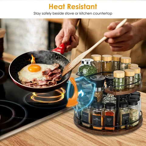 Two Tier Wooden Spinning Lazy Susan Spice Rack next to stove, organizing spices in kitchen with heat-resistant features.