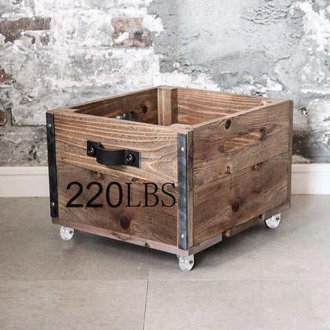 Wooden crate on 4 Pack Swivel Caster Wheels for Furniture 2 Inch Heavy Duty Crystal Clear Polyurethane, labeled 220 lbs.