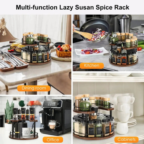 Two Tier Wooden Spinning Lazy Susan Spice Rack With U Shape Design, 12 Inch Rotating Organizer for Kitchen and Dining Use