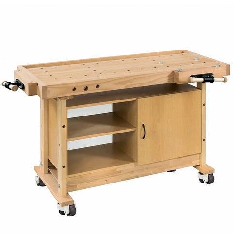 Wooden workbench with storage on wheels, featuring a sturdy build and convenient shelving for organization in workshops or garages.