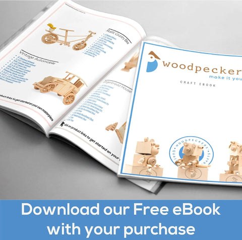 Woodpeckers craft ebook open with wooden toy models and "Download our Free eBook with your purchase" text