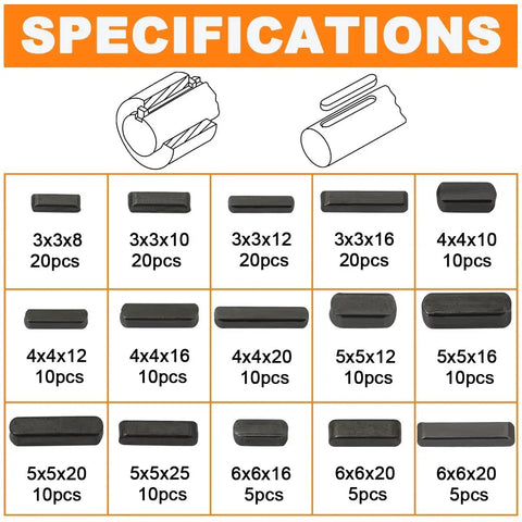 Woodruff Key Stock Set HaSaoMoi 175 Piece Stainless Steel Round Ended Feather Keys Kit Specifications Chart with Sizes and Quantities