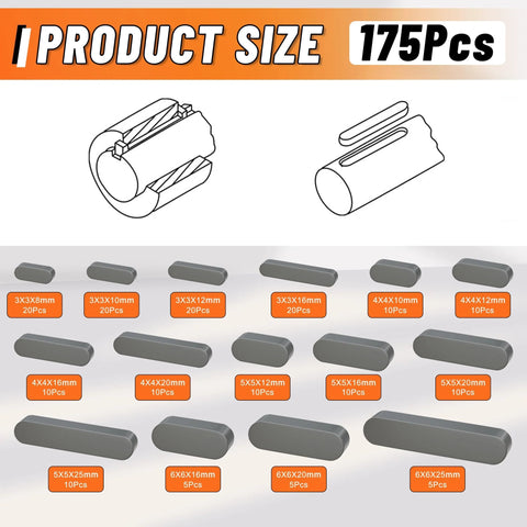 Woodruff Key Stock Set 175 Piece Stainless Steel Key Stock Assortment In 15 Sizes 8mm To 30mm layout with piece count
