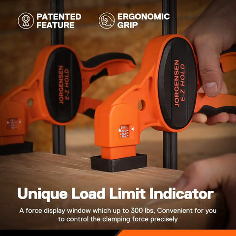 Heavy Duty Woodworking Bar Clamps 12 Inch One Handed Quick Grip Clamp Set Two Pack With 300 Lb Load Limit Indicator And Spreader Function EZ Hold F Style Clamps Jorgensen For Woodworking Projects And Cabinet Making