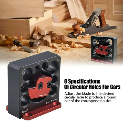 Image of Eight Hole Dowel Maker Jig Kit For Woodworking With Aluminum Alloy Construction Built For Durability Quick Drill Guide For Round Rods And Wooden Sticks Milling Inserts For Imperial Size Great For DIY And Pros, showcasing the jig's metallic finish and circular hole design against a woodworking backdrop with tools.
