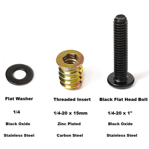 DIY Friendly 30 Piece Woodworking Hardware Set For 1/4-20 Threaded Inserts For Wood 3/5 Inch, 1 Inch Black Oxide Flat Head Bolts, And 30 Washers