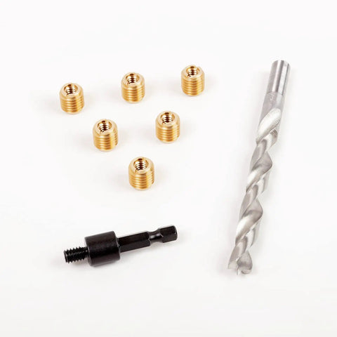 Woodworking Threaded Insert Kit With Knife Thread For Ultra Secure Wood Holds Includes Five 1/4-20 Knife Thread Inserts Drill And Installation Tool Brass Or Steel Inserts EZ LOK 400-4 displaying inserts, drill bit, and driver tool.