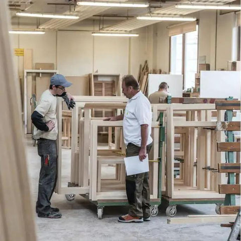 Workers in a carpentry workshop discussing wooden frames on dollies with heavy duty caster wheels, visible tools and machinery.