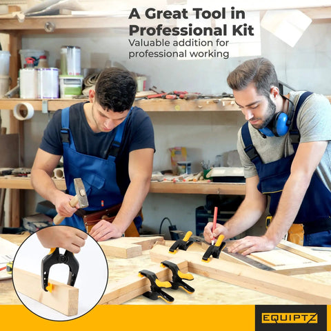 Woodworkers using heavy duty 6 inch spring clamps set of four for woodworking crafts backdrops and pool covers with a 3 inch jaw opening.