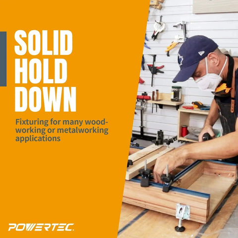 Woodworker using T Track Hold Down Clamp Two Pack For Woodworking Five And One Half Inch By One And One Eighth Inch Clamps With T Bolts.