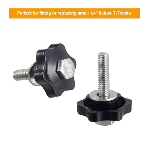Close-up of 30 Pcs 1/4-20 Star Knobs for T Track Hex Star Thread Nut Set showing black plastic body and brass insert