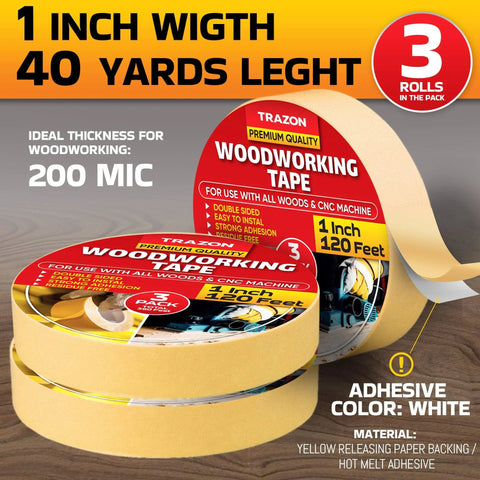 Pro Grade Heavy Duty Double Sided Woodworking Tape 3 Pack 1 Inch By 120 Feet Super Strong Adhesion shown in product packaging.