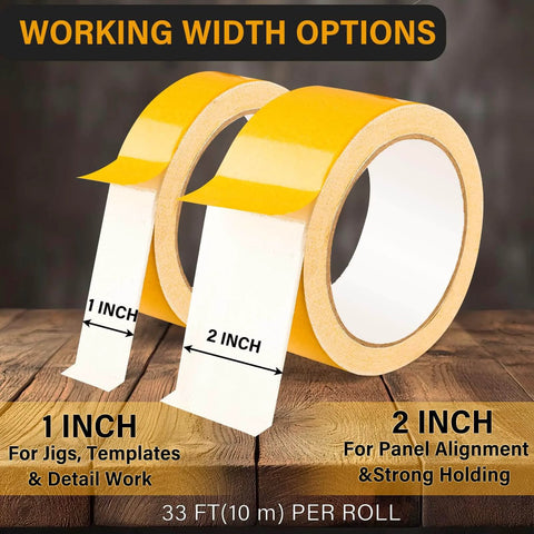 Double Sided Woodworking Tape For Wood Projects, 1 And 2 Inch By 33 Feet, 2 Rolls, No Residue displayed on wooden surface