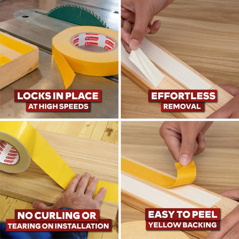 Pro Grade Heavy Duty Double Sided Woodworking Tape 1 Inch By 108 Feet Three Pack, showing usage and easy removal process.