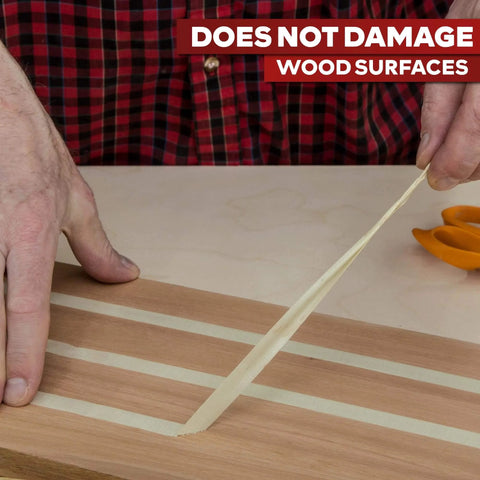 Double Sided Woodworking Tape With Yellow Backing, Industrial Grade Adhesive shown in use on wood surface