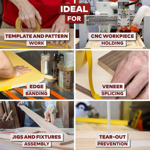 Various uses of Double Sided Woodworking Tape 1 Inch By 180 Feet, 3 Pack, Ultra Strong Adhesive For Edge Banding, Routing, Template Work.
