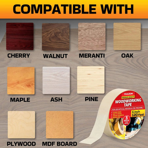 Pro Grade Heavy Duty Double Sided Woodworking Tape 3 Pack 1 Inch By 120 Feet with wooden material samples compatibility chart.