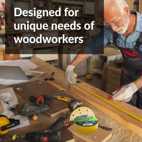 Man using woodworking tools with Double Sided Woodworking Tape, 2 Inch Wide, Heavy Duty Adhesive For CNC Machines And Routing Templates