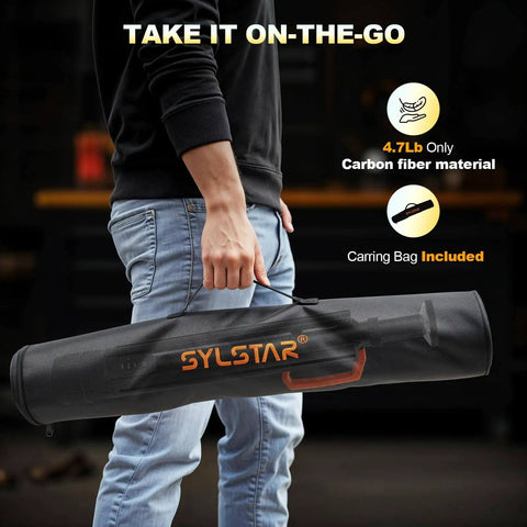 Person carrying All Purpose 360 Degree Rechargeable Work Light With Remote Telescopic Stand in lightweight carbon fiber material bag.