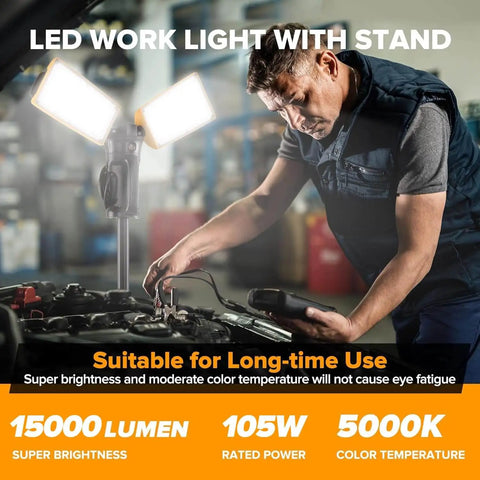Upgraded 6290Pro 15000 Lumen 105 Watt Dual Head LED Work Light in use with telescoping tripod stand