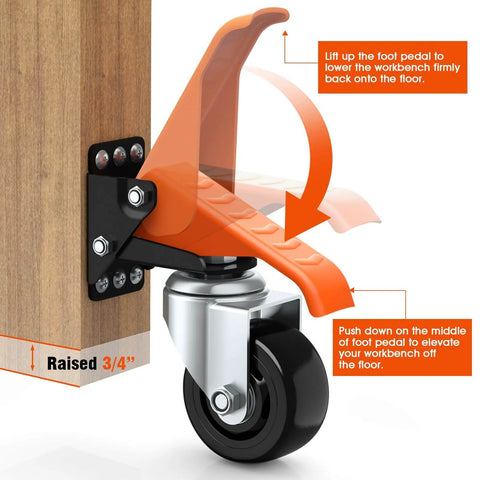Workbench Casters Wheels Kit 920 Lbs Capacity Retractable Casters Set of 4 Heavy Duty Side Mount 3" with foot pedal raised view