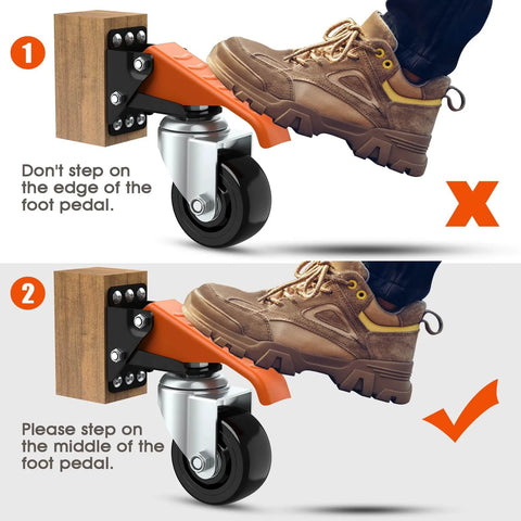 Correct and incorrect foot placement on Workbench Casters Wheels Kit 920 Lbs Capacity Retractable Casters, showing stepdown technique.