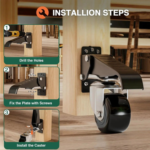 Installation steps of Workbench Casters Kit Heavy Duty Retractable Side Mount Caster Wheels 2.5 Inch Set Of 4 Supports Up To 700 Lbs