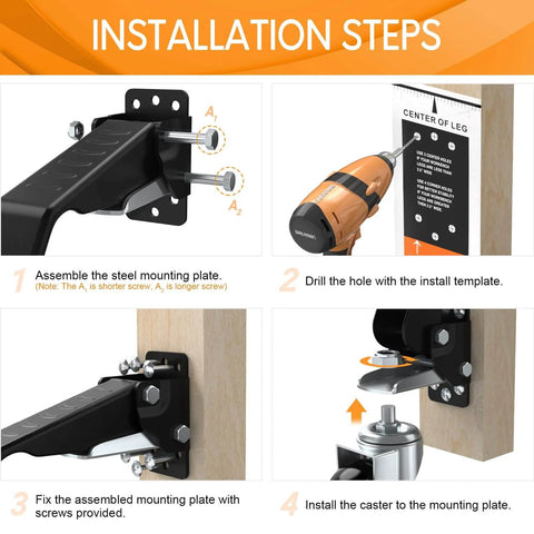 Installation steps for ✝️ Workbench Casters Wheels 660Lbs Retractable, featuring assembly, drilling, mounting, and caster installation.