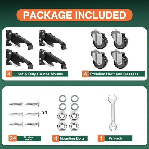Package contents of Workbench Casters Kit Heavy Duty Retractable Side Mount Caster Wheels 2.5 Inch Set Of 4 Supports Up To 700 Lbs