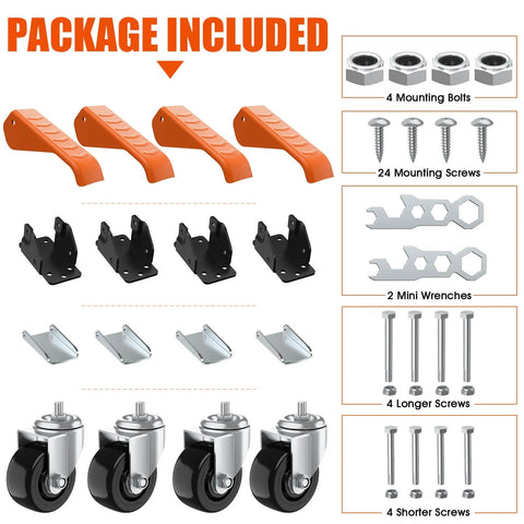 Package contents of Workbench Casters Wheels Kit with casters, mounts, screws, and tools for 920 lbs capacity lifting and smooth motion.