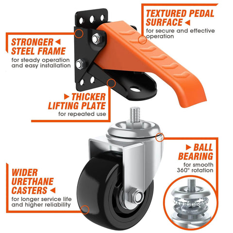 Workbench Casters Wheels Kit 920 Lbs Capacity Retractable Casters Set of 4 Heavy Duty Side Mount 3" Lifting Caster with orange pedal and urethane wheel