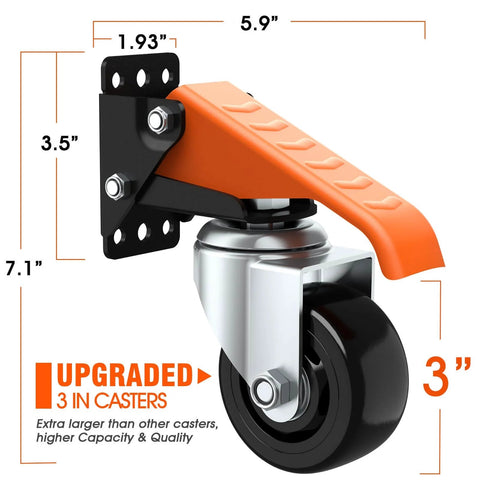 ✝️ Workbench Casters Wheels Kit 920 Lbs Capacity Retractable Casters Set of 4 Heavy Duty Side Mount 3" Lifting Caster close-up view