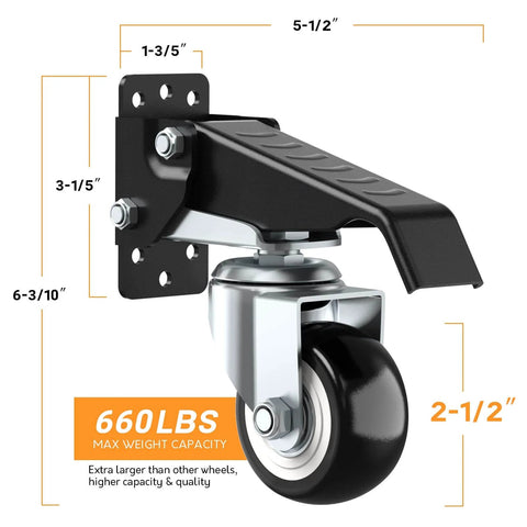 Side view of 660Lbs Retractable Caster Wheel with dimensions, part of Workbench Casters Wheels Set of 4 for smooth motion and alignment.