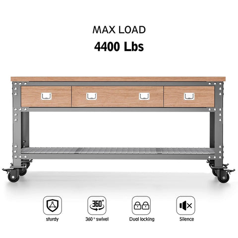 3 Inch Heavy Duty Casters Set of 4, Load 4400lbs, visible under a workbench with locking swivel plate.