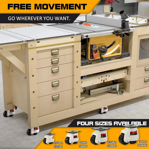 4-Piece Leveling Casters With Nylon Wheel And Rubber Foot, Retractable Workbench Caster Set installed on workbench