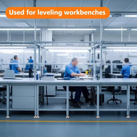 Heavy Duty Adjustable Leveling Feet With 2000 Lb Capacity installed on workbenches in a laboratory setting