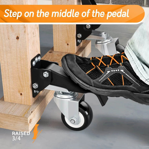 Person stepping on pedal of workbench caster wheel for stability, part of Workbench Casters Wheels 660Lbs Retractable Set of 4 Heavy Duty.