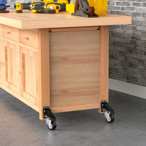 Workbench with casters installed, showing 660lbs retractable casters set of 4 heavy duty side mount caster rollers for smooth motion.