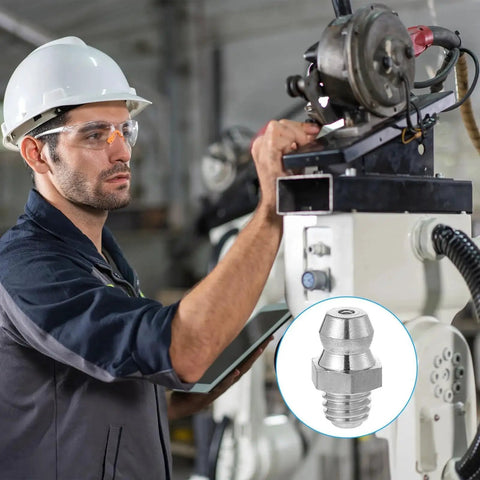 Technician using 6 Pcs Stainless Steel Straight Grease Fittings M6 X 1mm Thread Hydraulic Zerk Nipples for machine maintenance