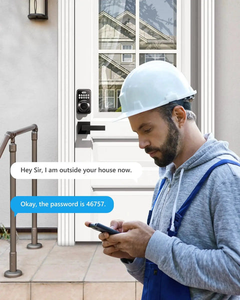 Keyless entry door lock with two lever handles on house door, worker using phone for secure access, ANSI Grade 3 security visible.