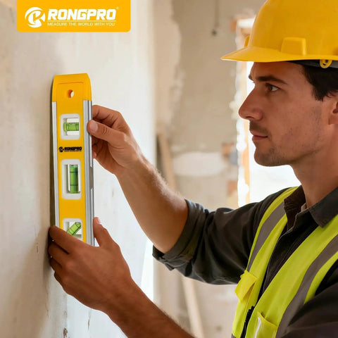 Person using 9 Inch Magnetic Torpedo Level With 45 Degree 90 Degree And 180 Degree Bubbles Magnetic Edge For Hands Free Use In Woodworking