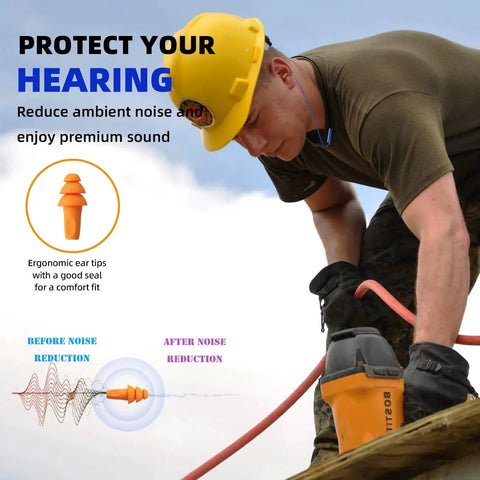 Worker wearing Noise Canceling Wireless Neckband Earbuds For Work And Industrial Safety with protective gear on a job site