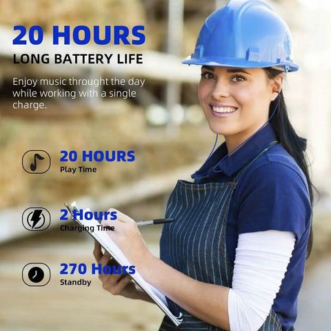 Woman wearing hard hat and apron with clipboard, promoting Noise Canceling Wireless Neckband Earbuds For Work And Industrial Safety.