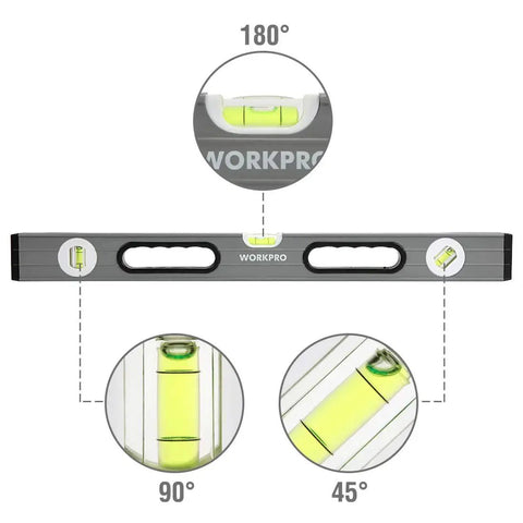 Side view of Workpro Pro Grade 3 Piece Torpedo Level Set with 24 inch non-magnetic level showing green bubbles at 45, 90, 180 degrees.